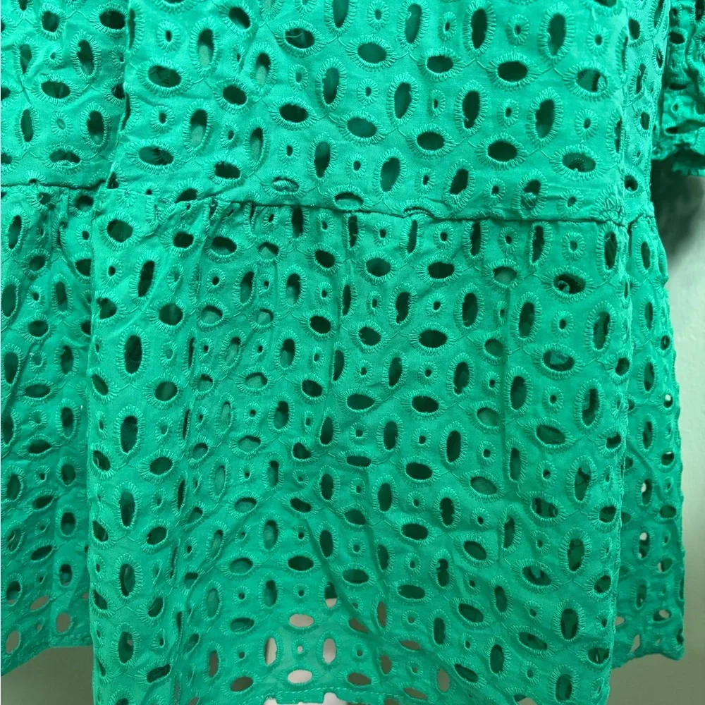 Green Long Sleeve Eyelet Dress - Women's Casual Tiered Dress - Picture 6 of 8